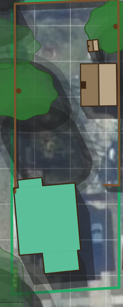 The yard mapped in Ufloria — buildings, trees, and boundary