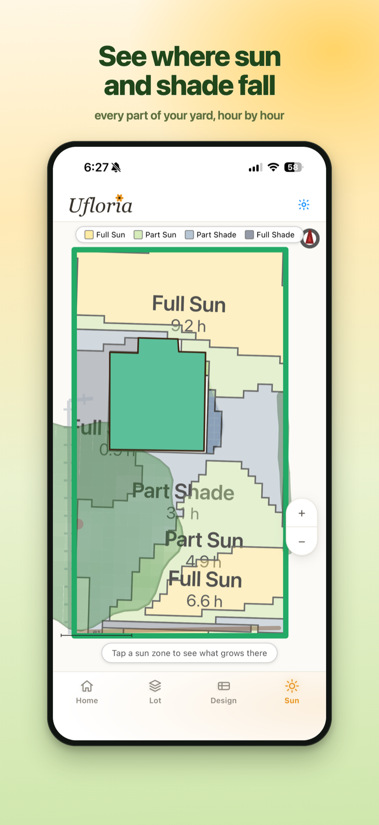 The sun and shade map — the yard split into measured sun zones