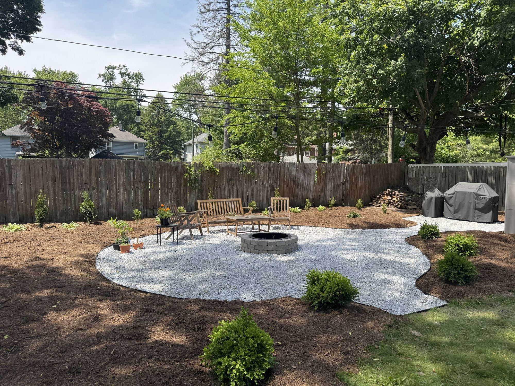 The finished backyard in daylight — fire pit, gravel patio, and new boxwoods in fresh mulched beds